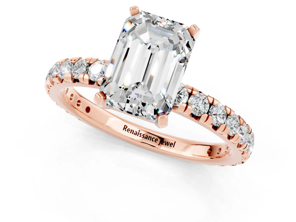 Rose gold Emerald Cut Moissanite Pavé Solitaire Ring with Round Band and Prong Setting