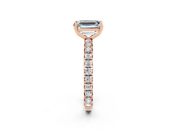 Rose gold Emerald Cut Moissanite Pavé Solitaire Ring with Round Band and Prong Setting