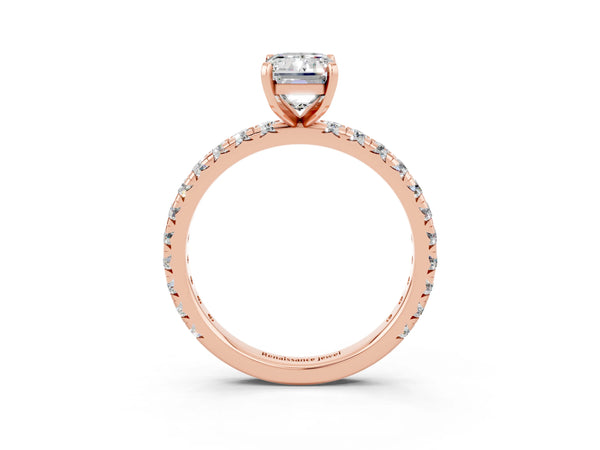 Rose gold Emerald Cut Moissanite Pavé Solitaire Ring with Round Band and Prong Setting