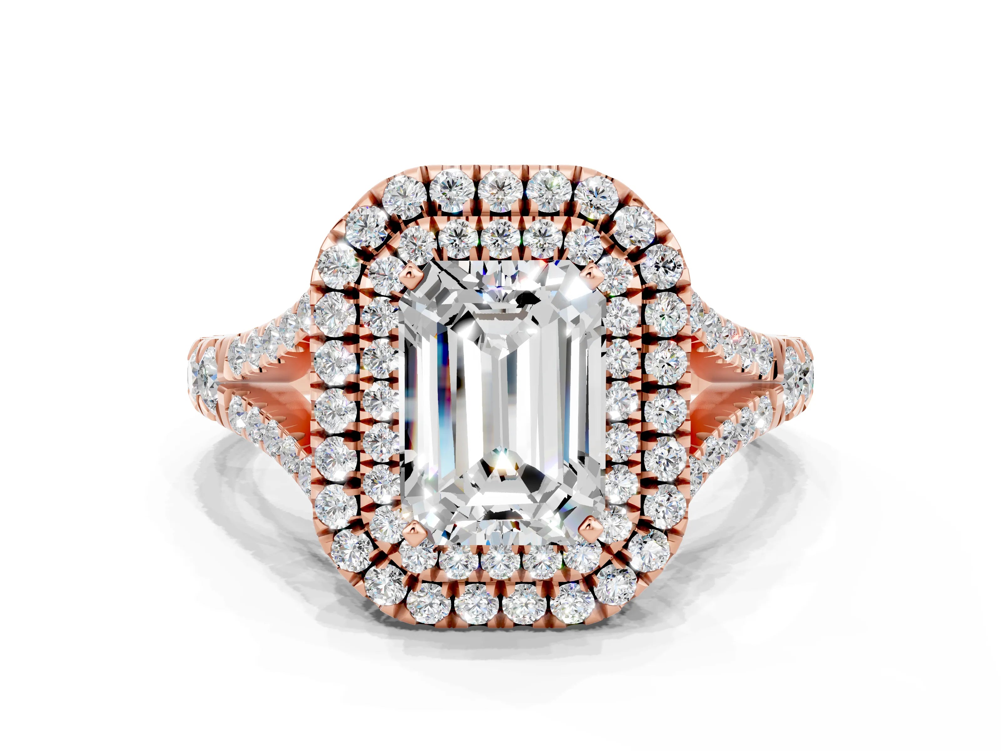 Rose gold Emerald Cut Moissanite Pavé Split Shank Double Halo Engagement Ring