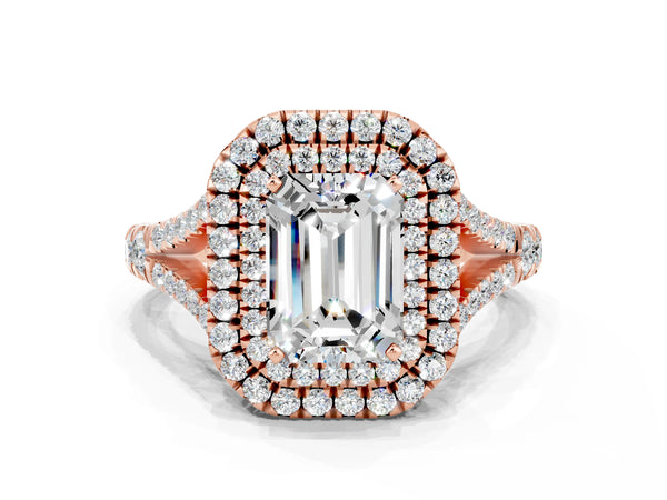 Rose gold Emerald Cut Moissanite Pavé Split Shank Double Halo Engagement Ring