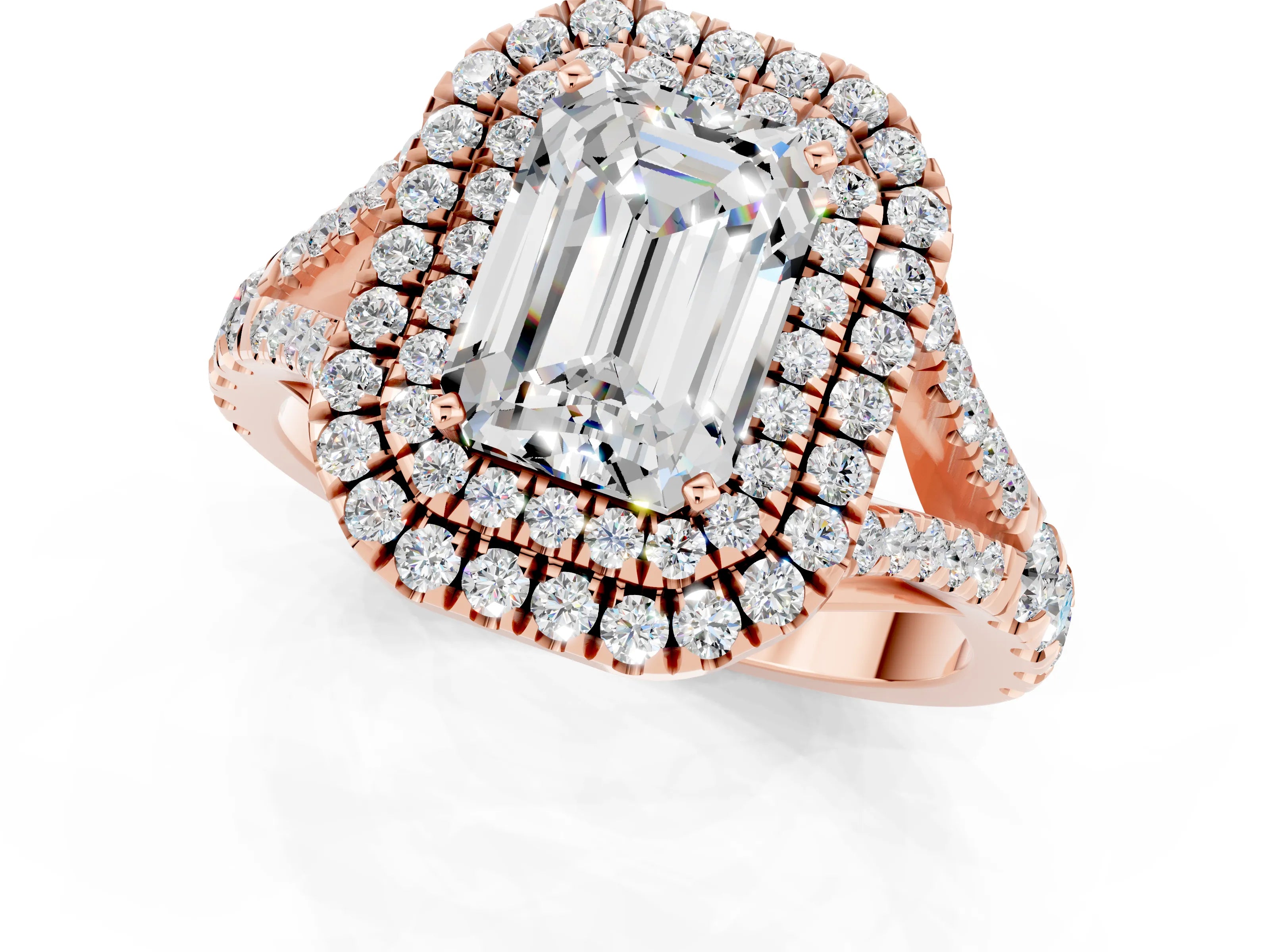 Rose gold Emerald Cut Moissanite Pavé Split Shank Double Halo Engagement Ring_1