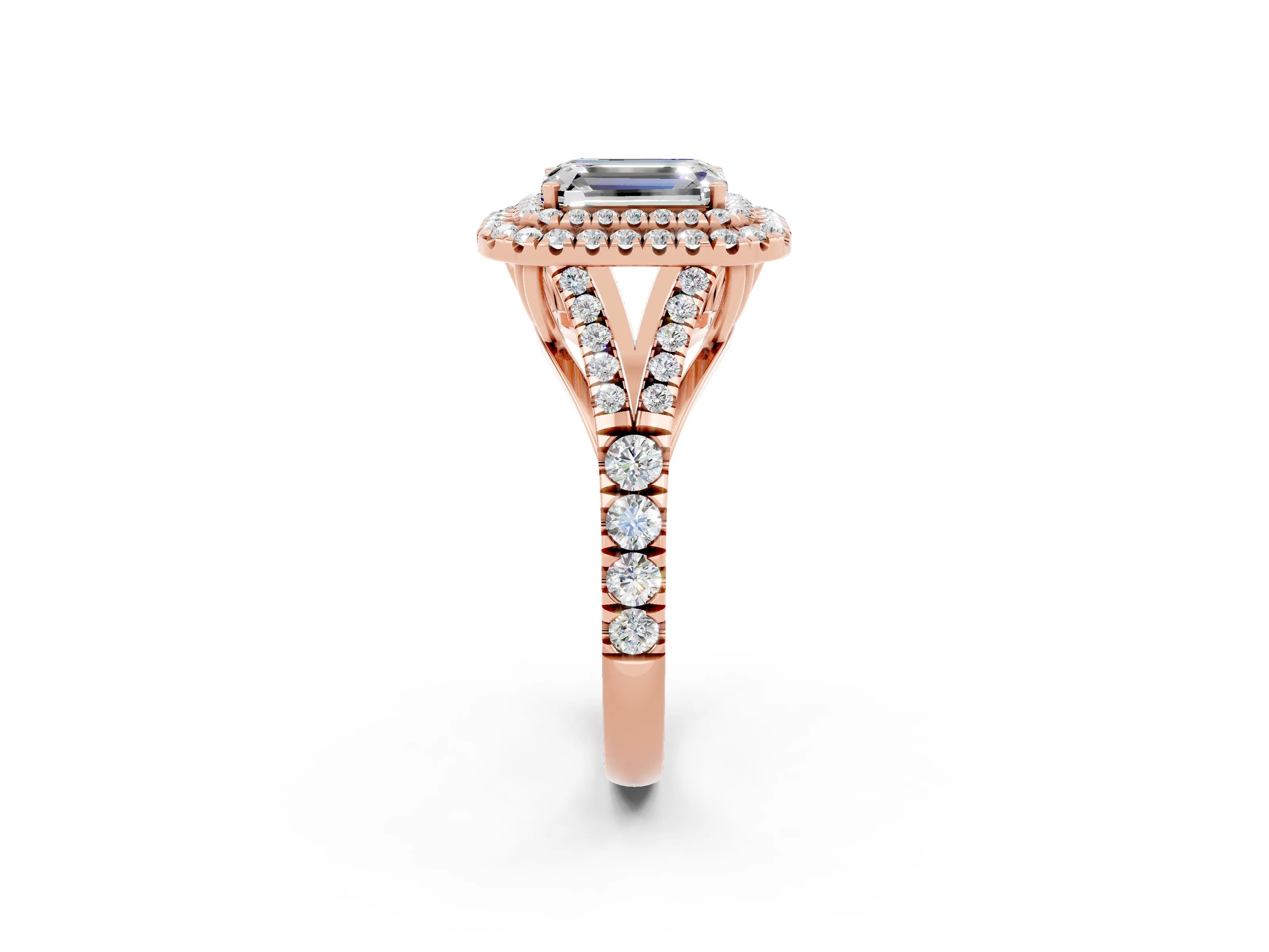 Rose gold Emerald Cut Moissanite Pavé Split Shank Double Halo Engagement Ring_2