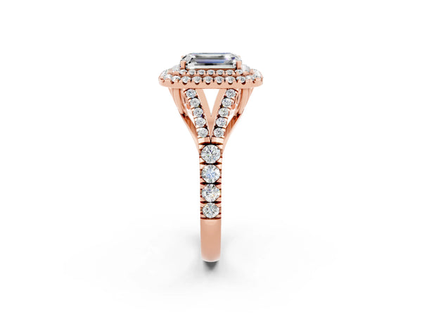Rose gold Emerald Cut Moissanite Pavé Split Shank Double Halo Engagement Ring
