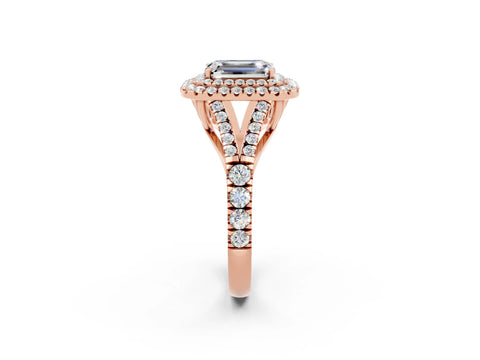 Rose gold Emerald Cut Moissanite Pavé Split Shank Double Halo Engagement Ring_2
