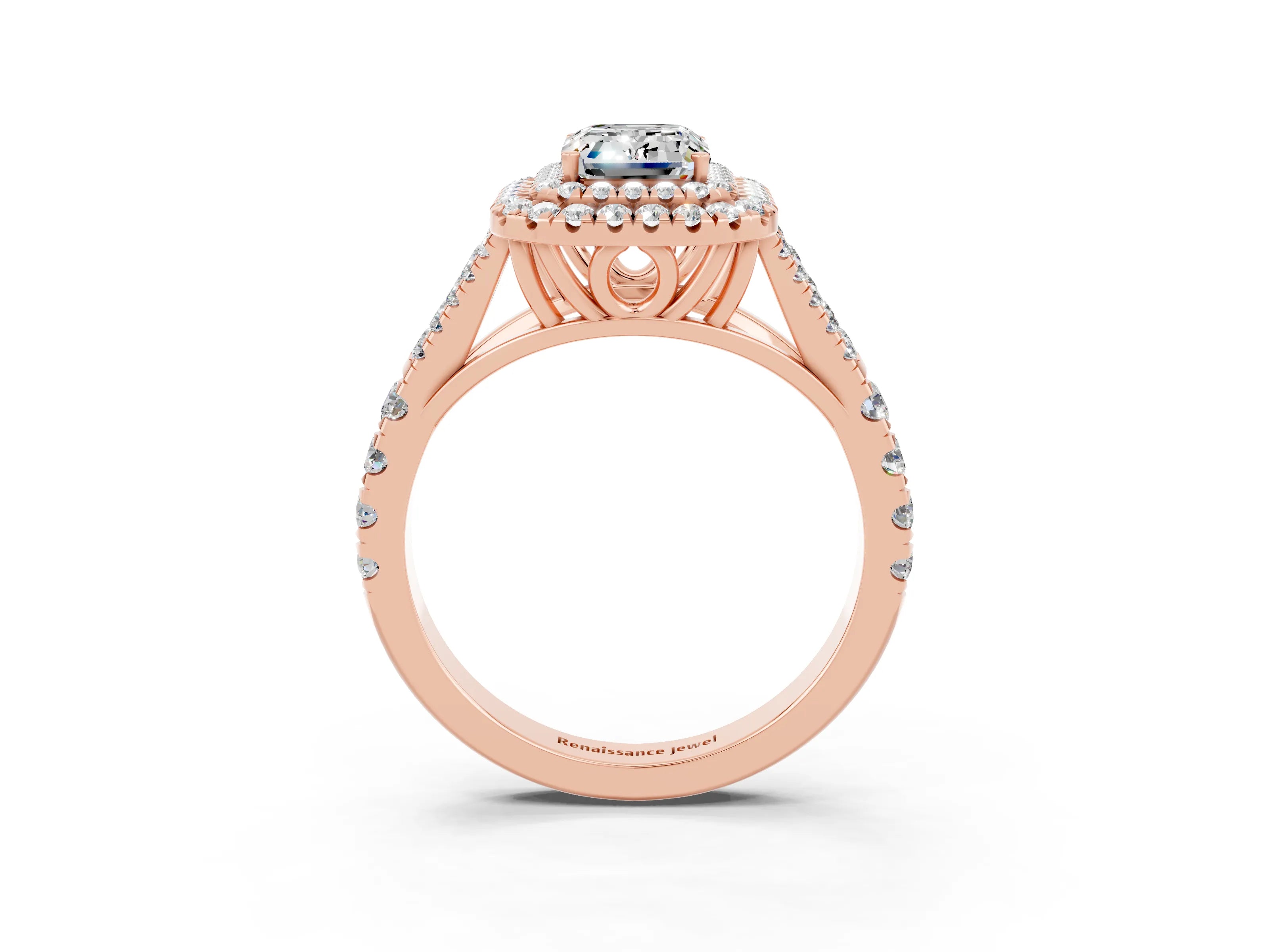 Rose gold Emerald Cut Moissanite Pavé Split Shank Double Halo Engagement Ring_3
