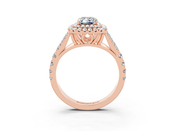 Rose gold Emerald Cut Moissanite Pavé Split Shank Double Halo Engagement Ring