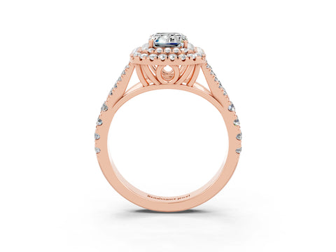 Rose gold Emerald Cut Moissanite Pavé Split Shank Double Halo Engagement Ring_3