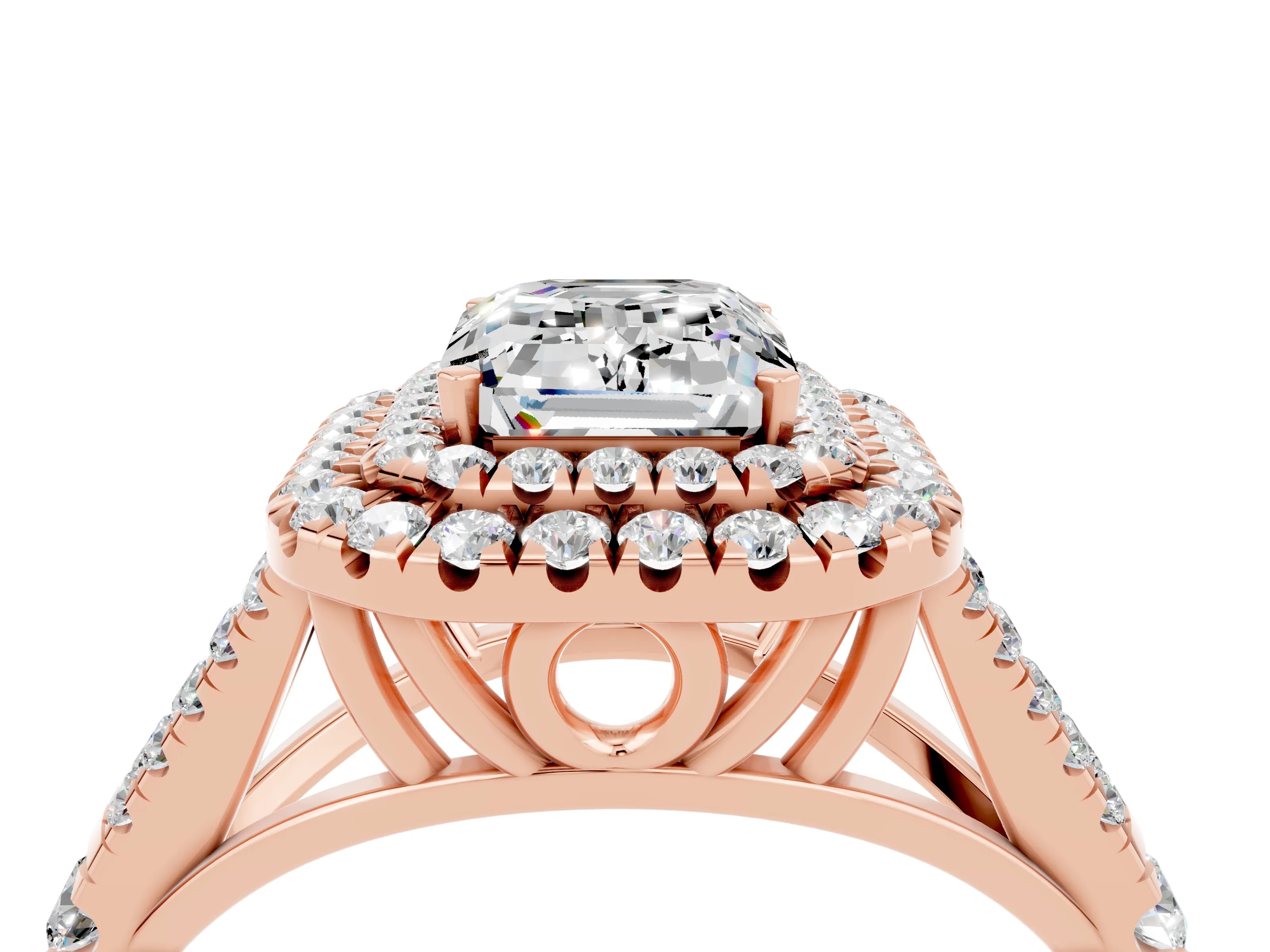 Rose gold Emerald Cut Moissanite Pavé Split Shank Double Halo Engagement Ring_4