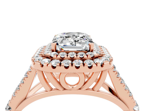 Rose gold Emerald Cut Moissanite Pavé Split Shank Double Halo Engagement Ring_4