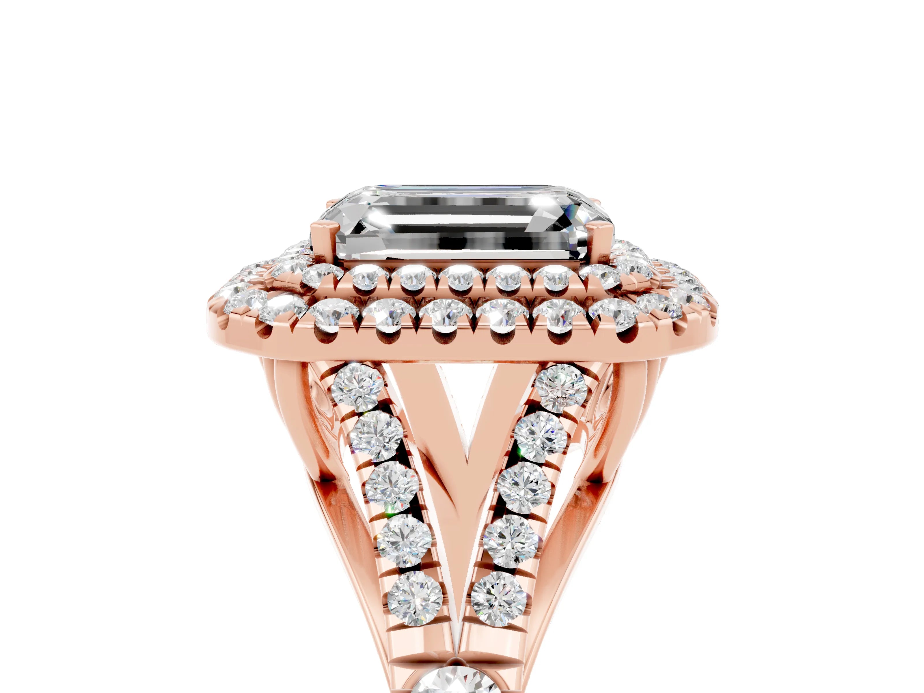 Rose gold Emerald Cut Moissanite Pavé Split Shank Double Halo Engagement Ring_5