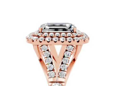 Rose gold Emerald Cut Moissanite Pavé Split Shank Double Halo Engagement Ring_5