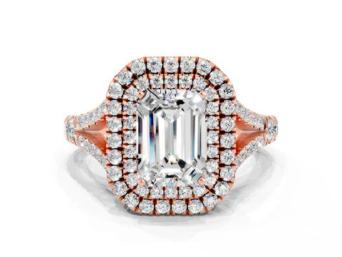 Rose gold Emerald Cut Moissanite Pavé Split Shank Double Halo Engagement Ring