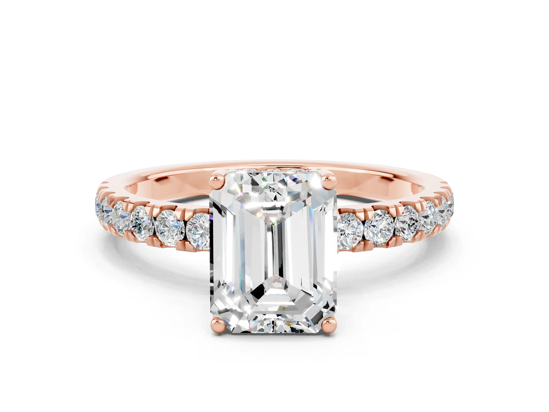 Rose gold Emerald Cut Moissanite Pave Band Solitaire Ring with Four-Prong Setting_24