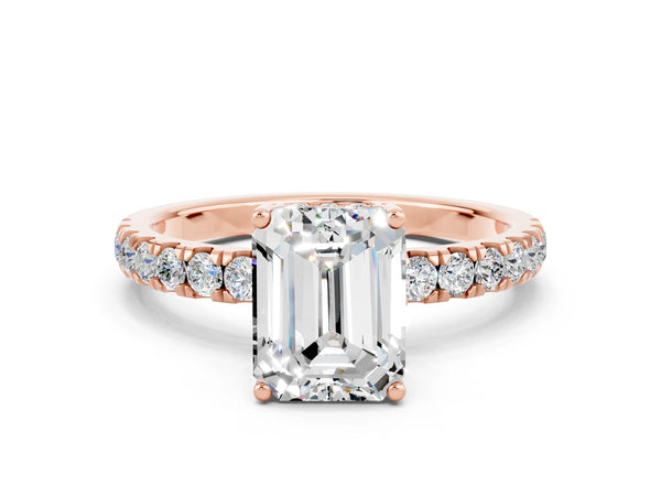 Rose gold Emerald Cut Moissanite Pave Band Solitaire Ring with Round  and Prong Setting