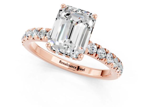 Rose gold Emerald Cut Moissanite Pave Band Solitaire Ring with Round  and Prong Setting
