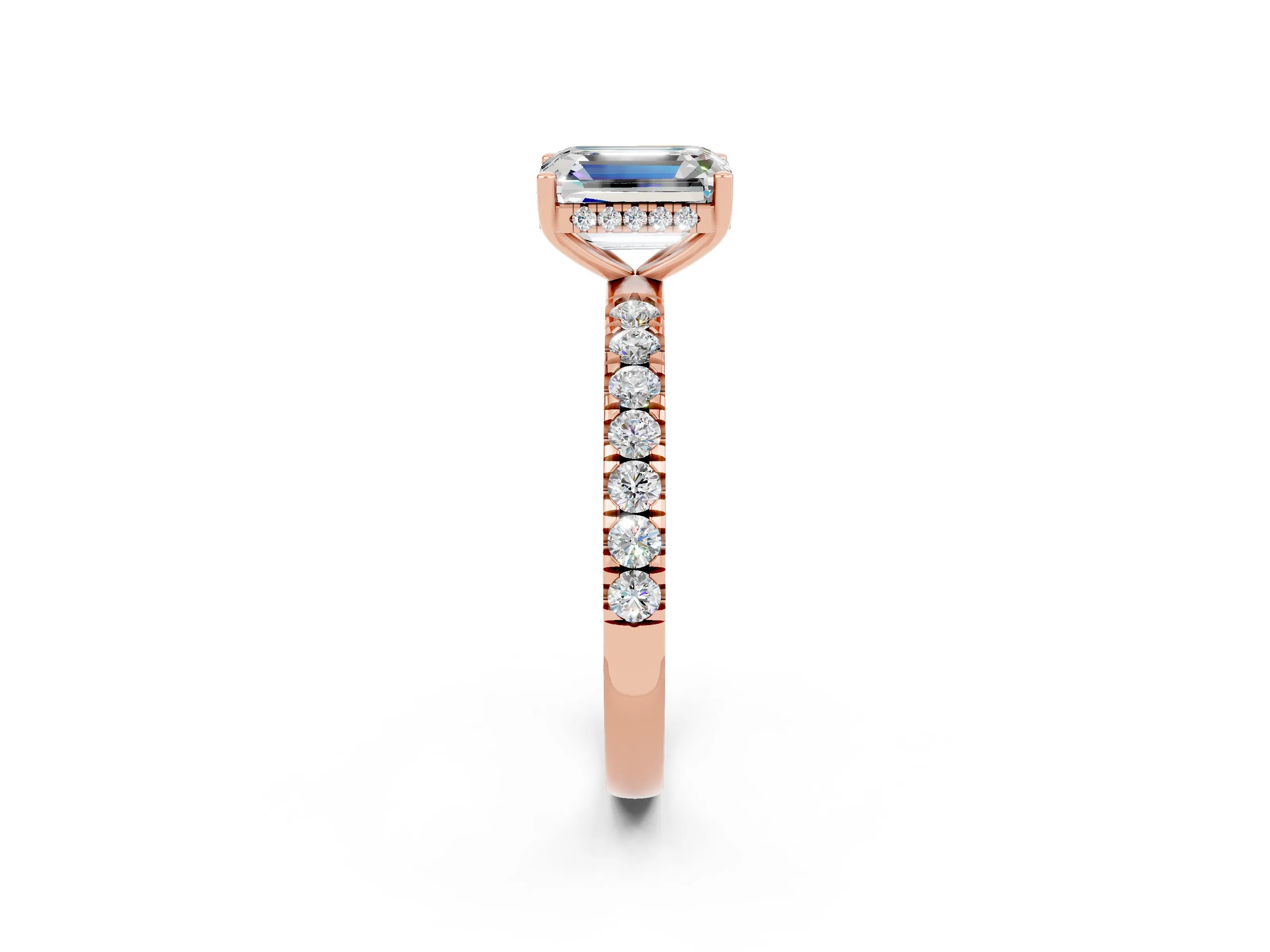 Rose gold Emerald Cut Moissanite Pave Band Solitaire Ring with Four-Prong Setting_26