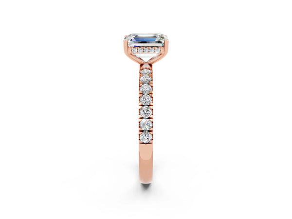 Rose gold Emerald Cut Moissanite Pave Band Solitaire Ring with Round  and Prong Setting