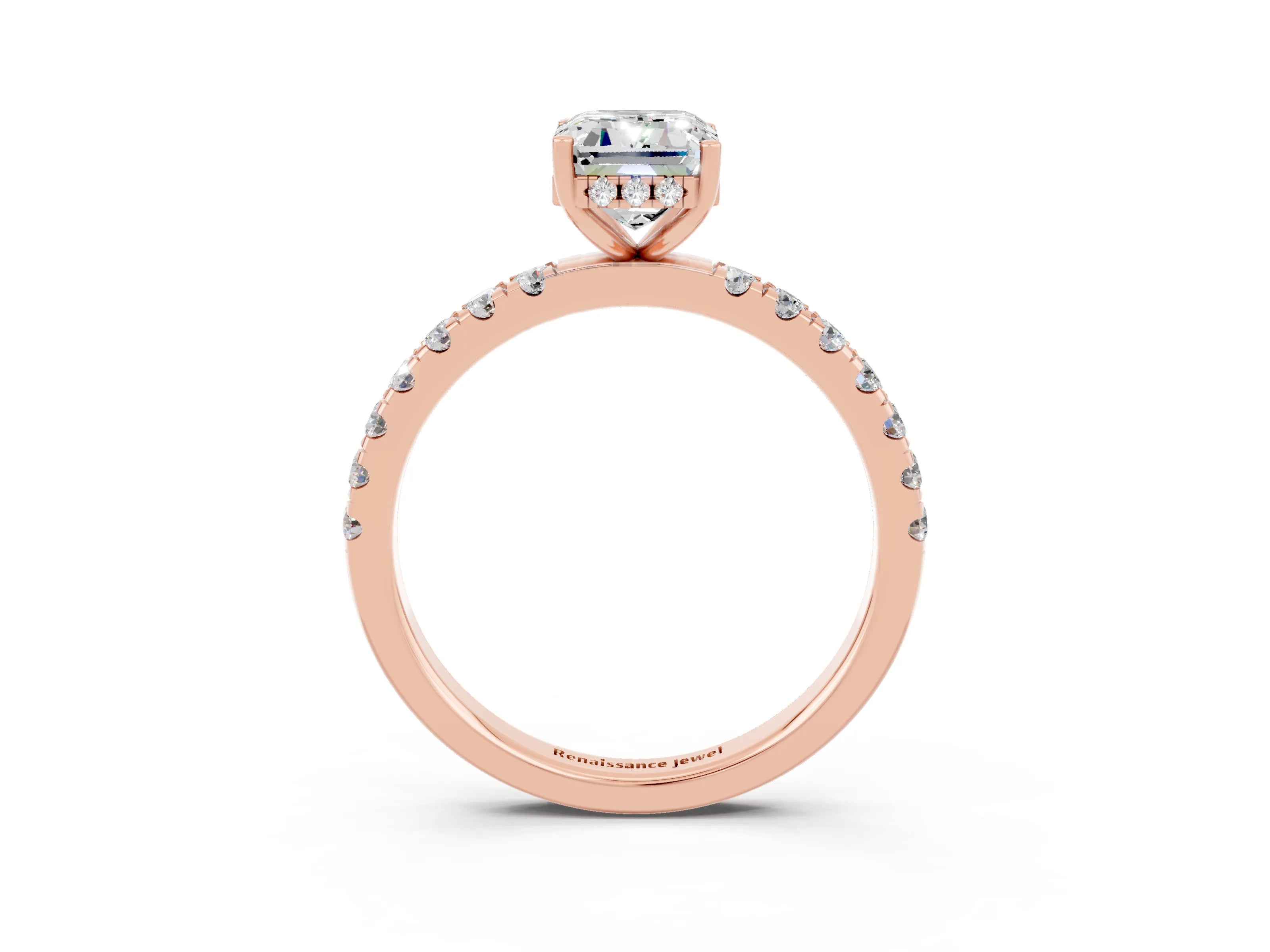 Rose gold Emerald Cut Moissanite Pave Band Solitaire Ring with Four-Prong Setting_27