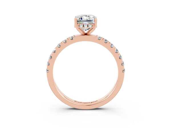 Rose gold Emerald Cut Moissanite Pave Band Solitaire Ring with Round  and Prong Setting