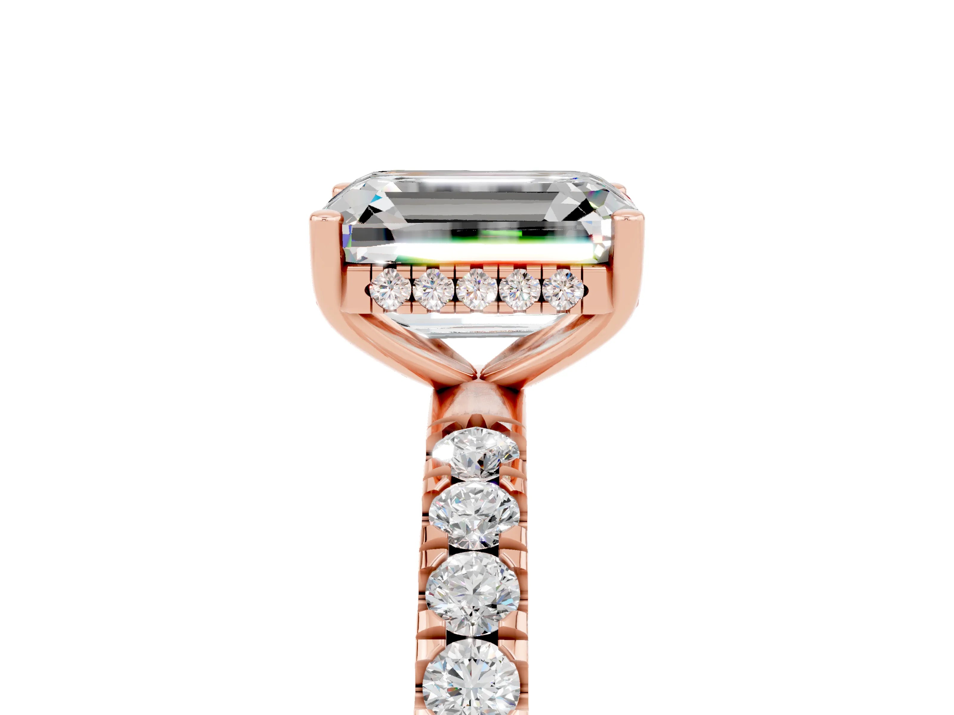 Rose gold Emerald Cut Moissanite Pave Band Solitaire Ring with Four-Prong Setting_29