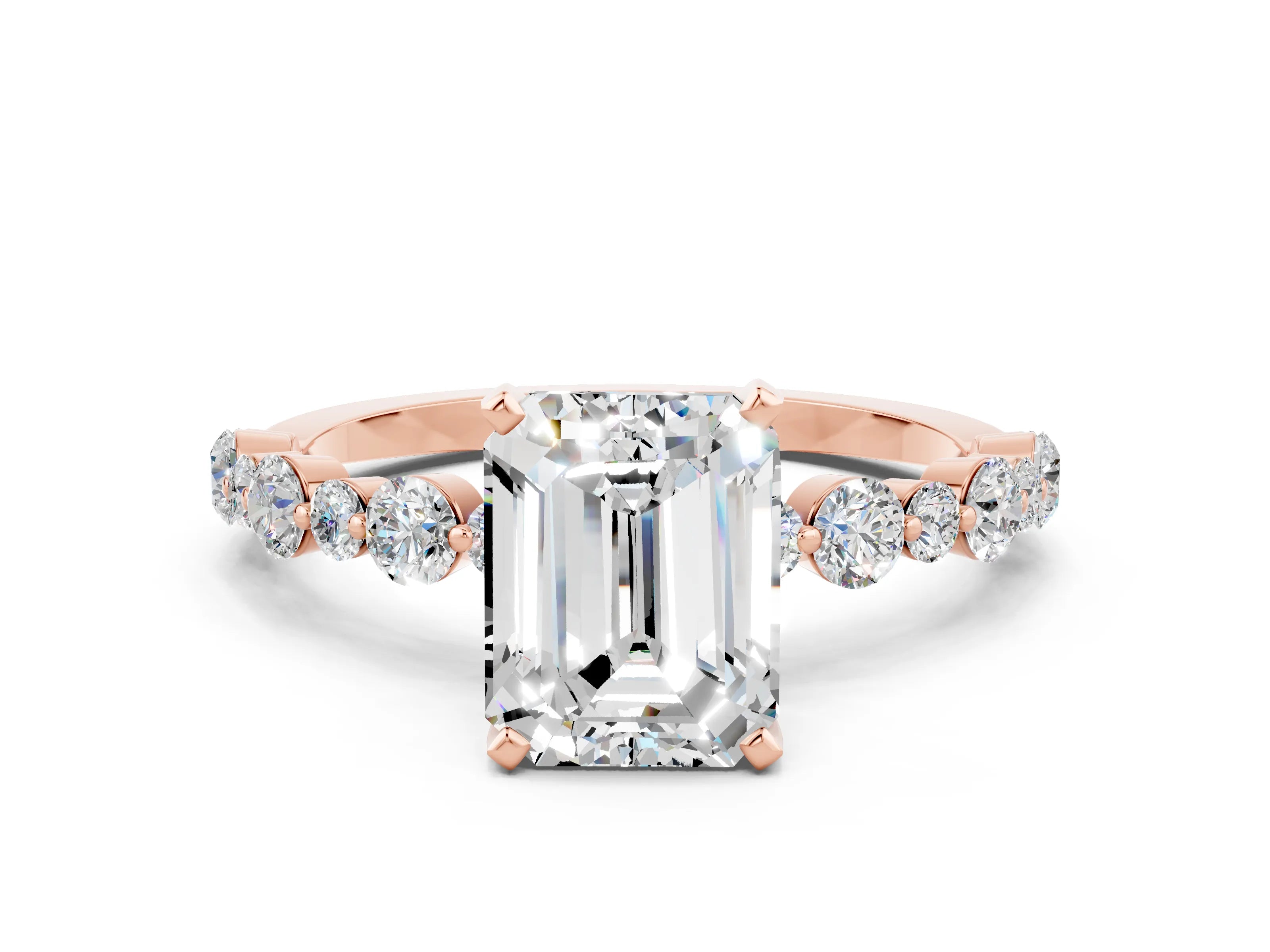 Rose gold Emerald Cut Moissanite Prong Set Engagement Ring with Pavé Band