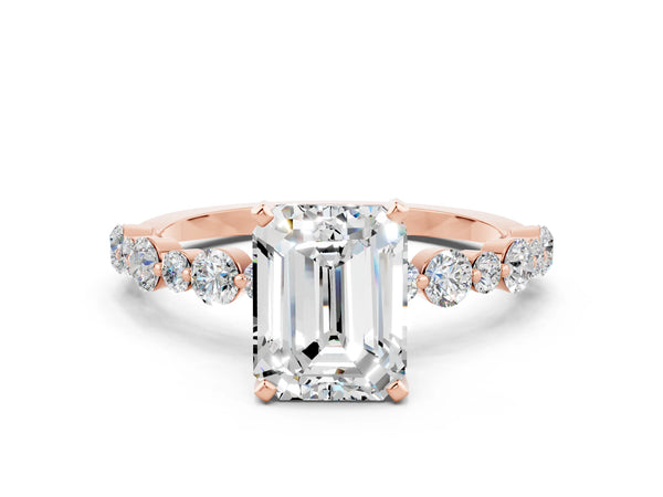 Rose gold Emerald Cut Moissanite Prong Set Engagement Ring with Pavé Band