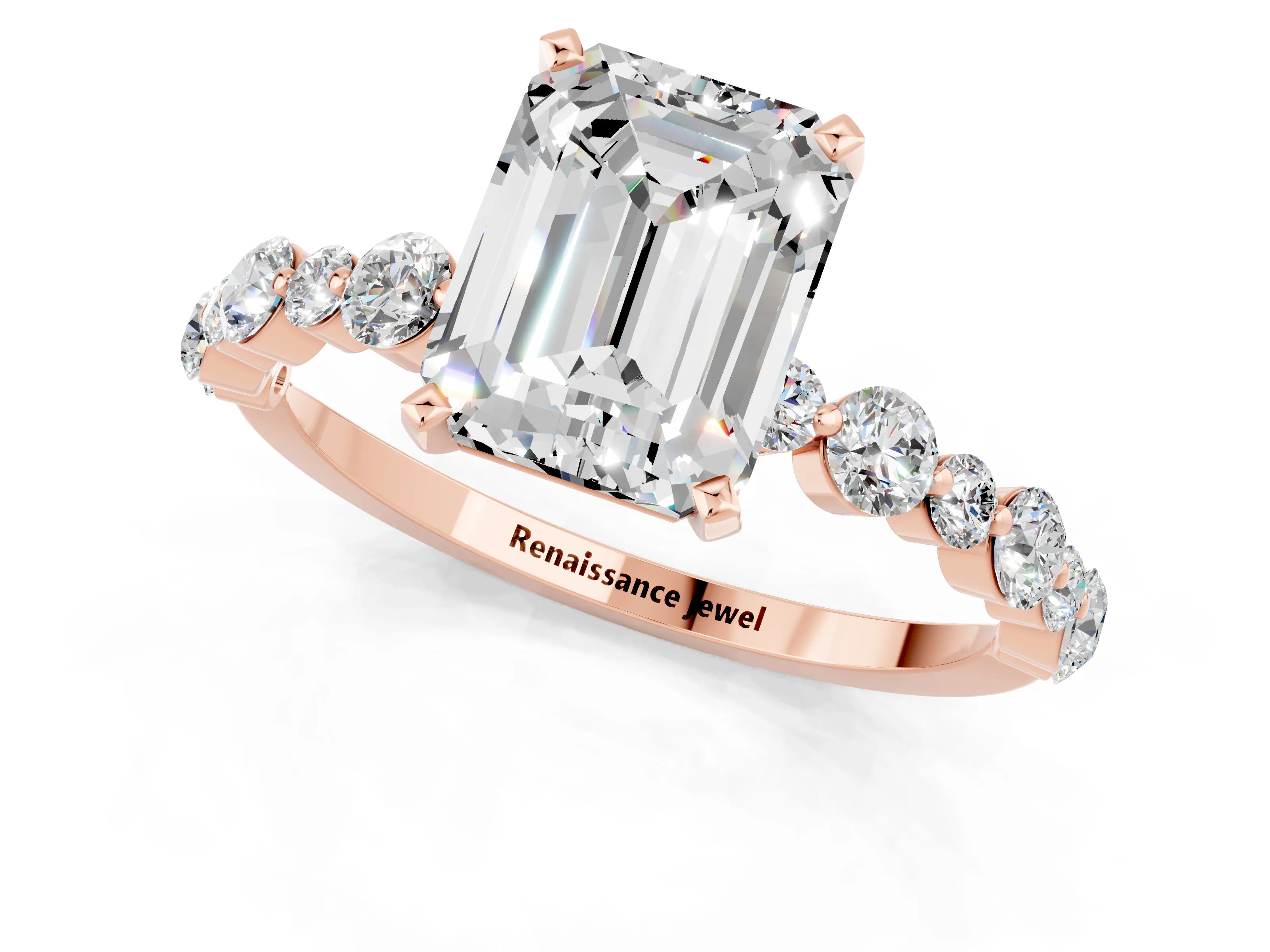 Rose gold Emerald Cut Moissanite Prong Set Engagement Ring with Pavé Band_1