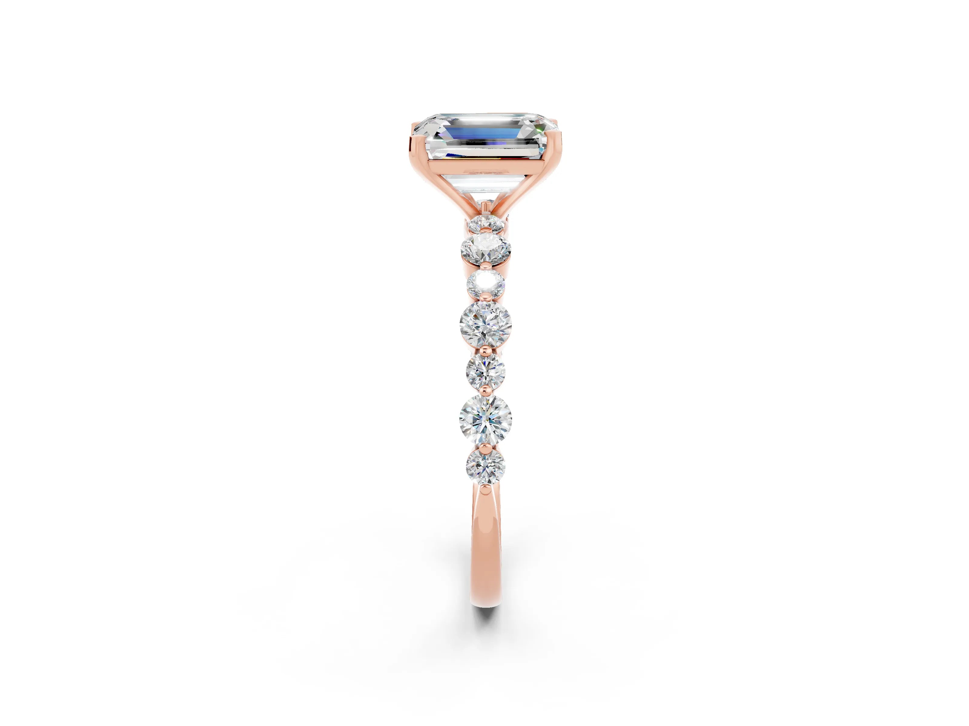 Rose gold Emerald Cut Moissanite Prong Set Engagement Ring with Pavé Band_2