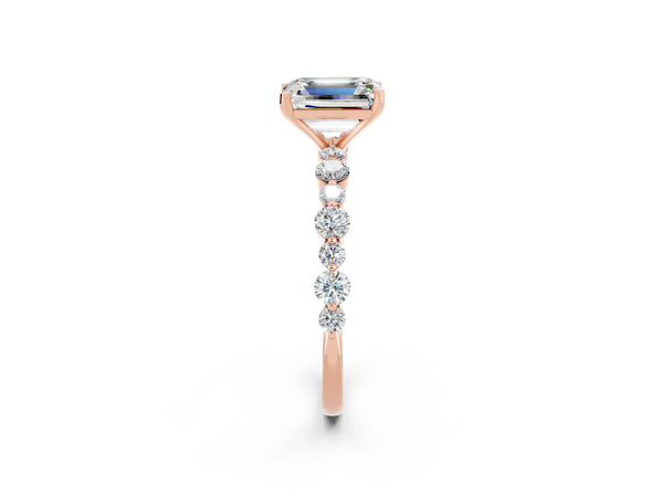 Rose gold Emerald Cut Moissanite Prong Set Engagement Ring with Pavé Band