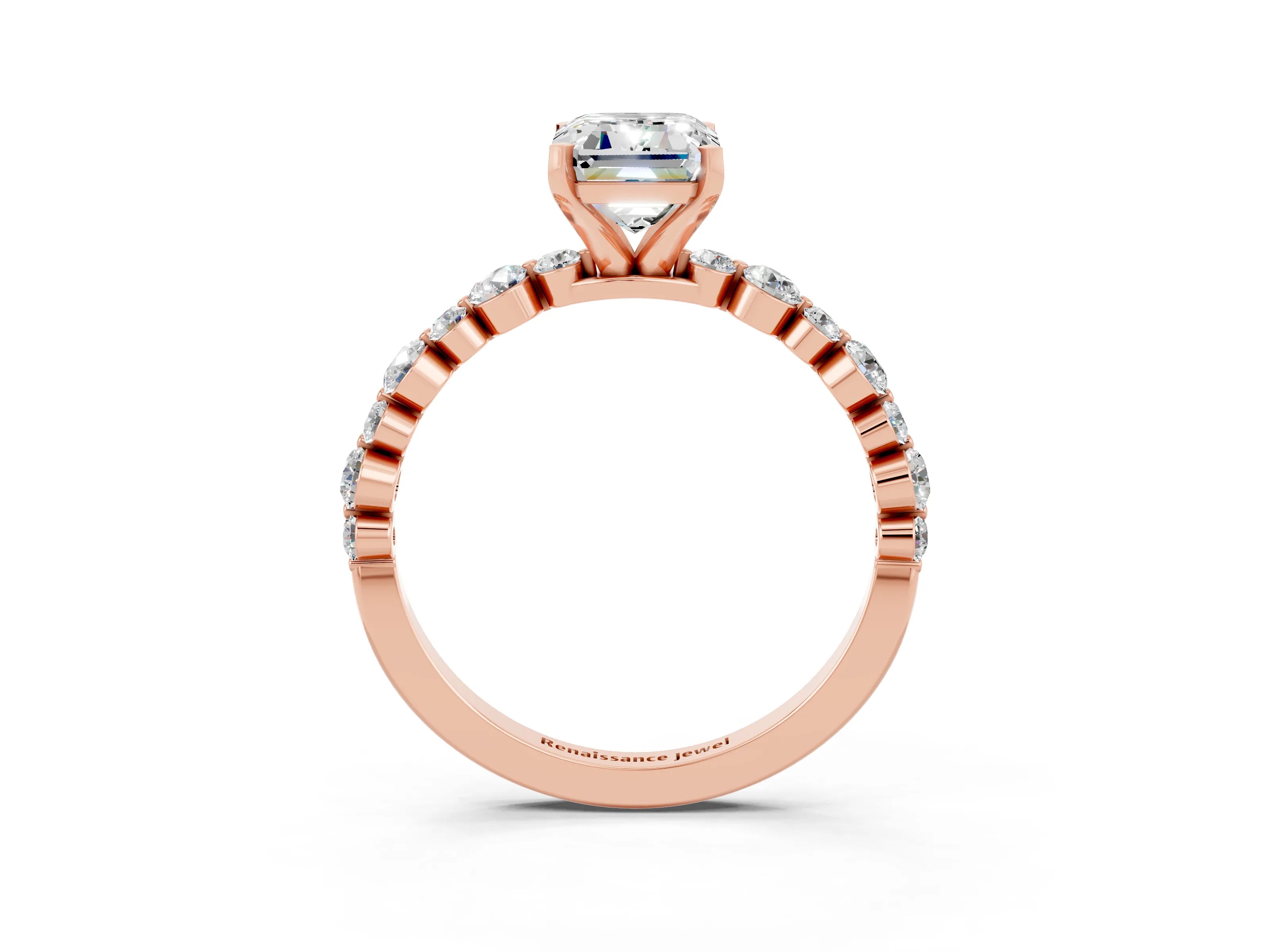 Rose gold Emerald Cut Moissanite Prong Set Engagement Ring with Pavé Band_3