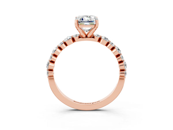 Rose gold Emerald Cut Moissanite Prong Set Engagement Ring with Pavé Band