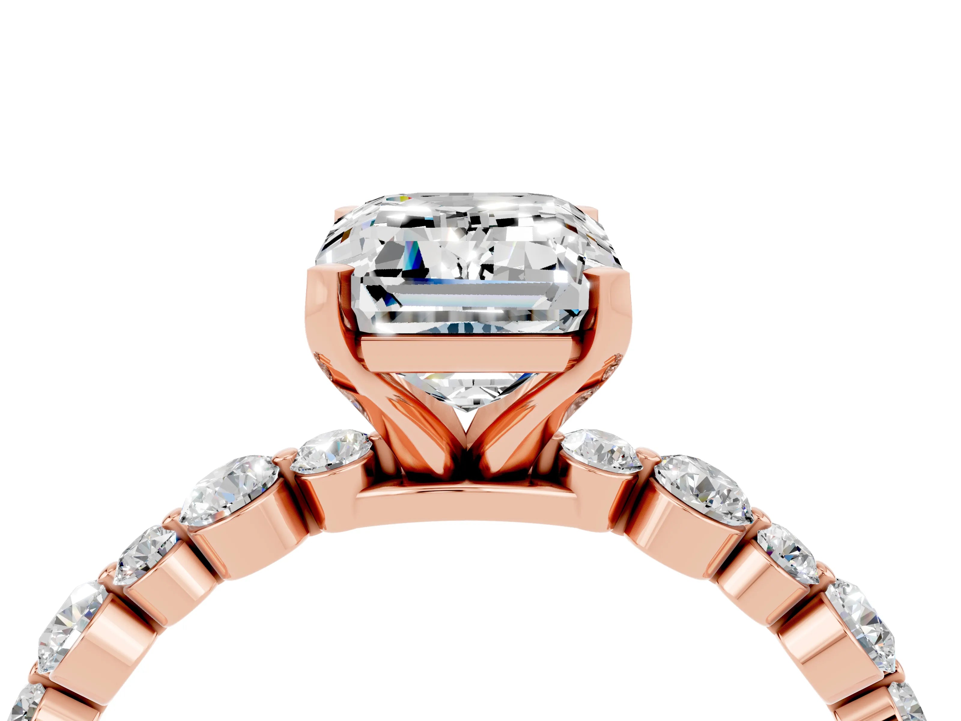 Rose gold Emerald Cut Moissanite Prong Set Engagement Ring with Pavé Band_4