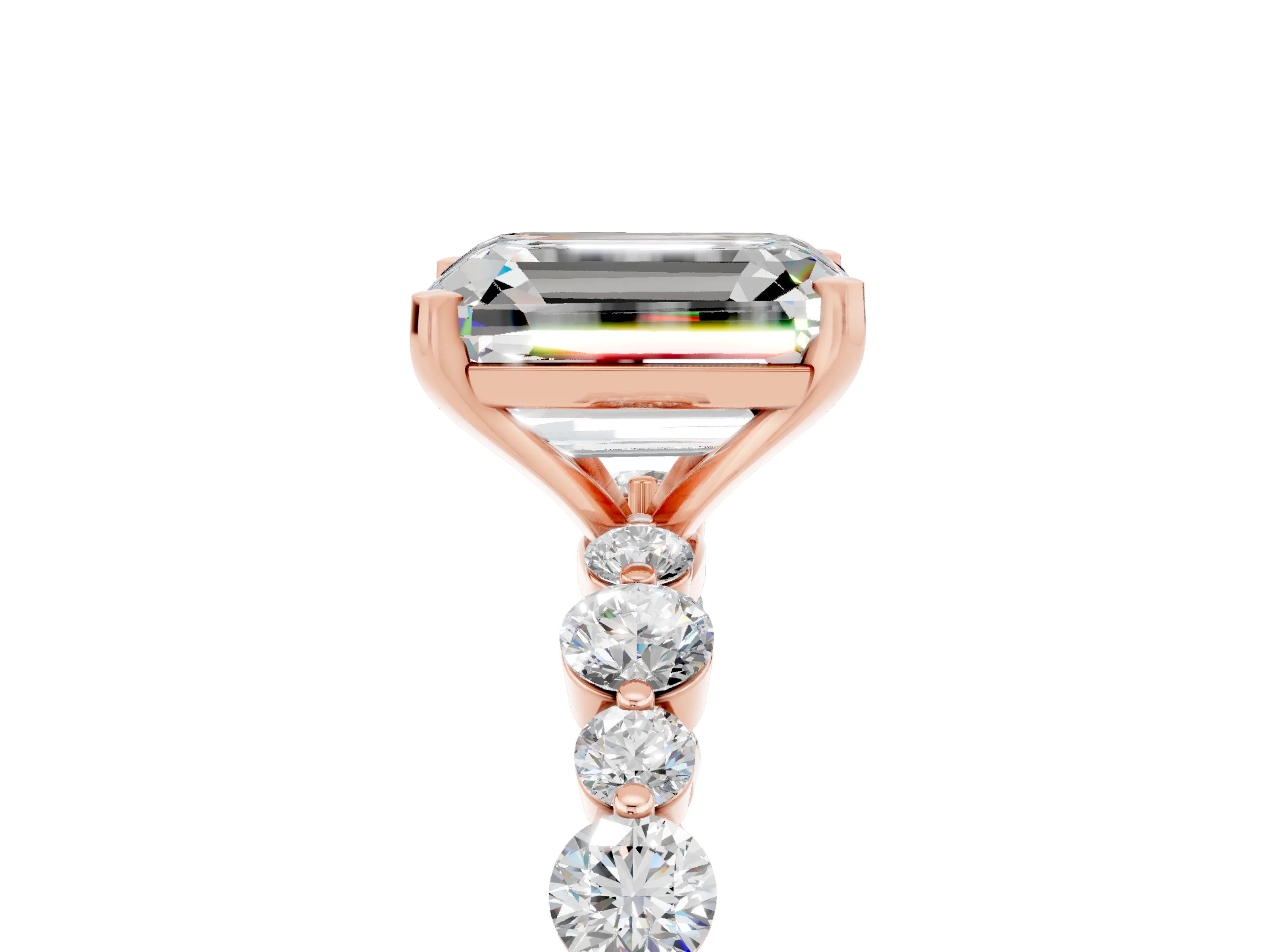 Rose gold Emerald Cut Moissanite Prong Set Engagement Ring with Pavé Band_5