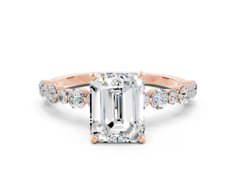 Rose gold Emerald Cut Moissanite Prong Set Engagement Ring with Pavé Band