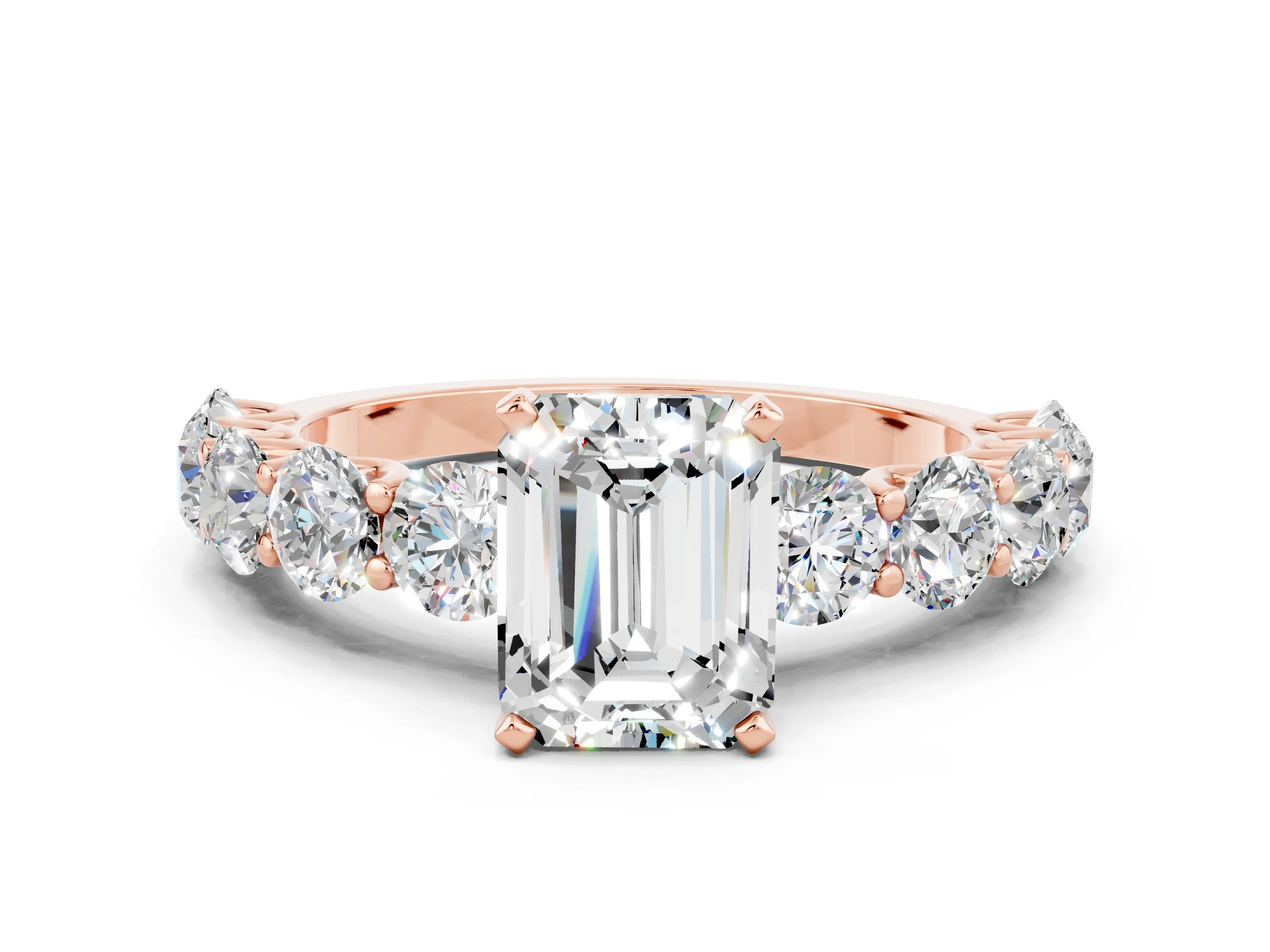 Rose gold Emerald Cut Moissanite Prong Setting with Side Stones on a Pave Band