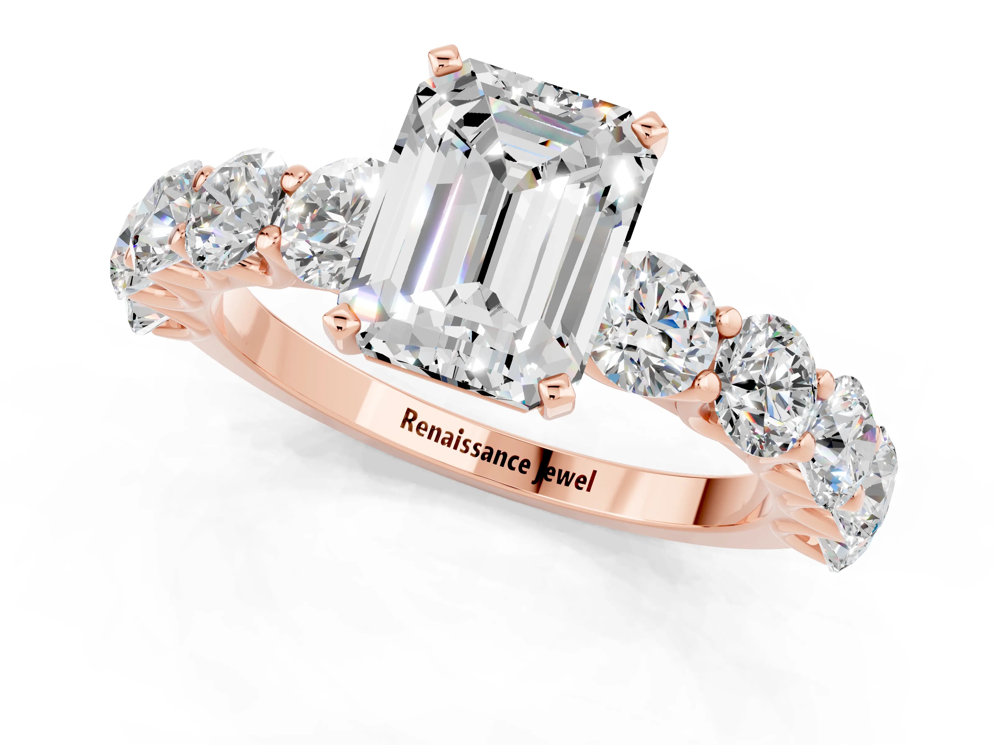 Rose gold Emerald Cut Moissanite Prong Setting with Side Stones on a Pave Band_1