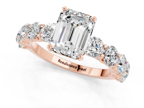 Rose gold Emerald Cut Moissanite Prong Setting with Side Stones on a Pave Band_1