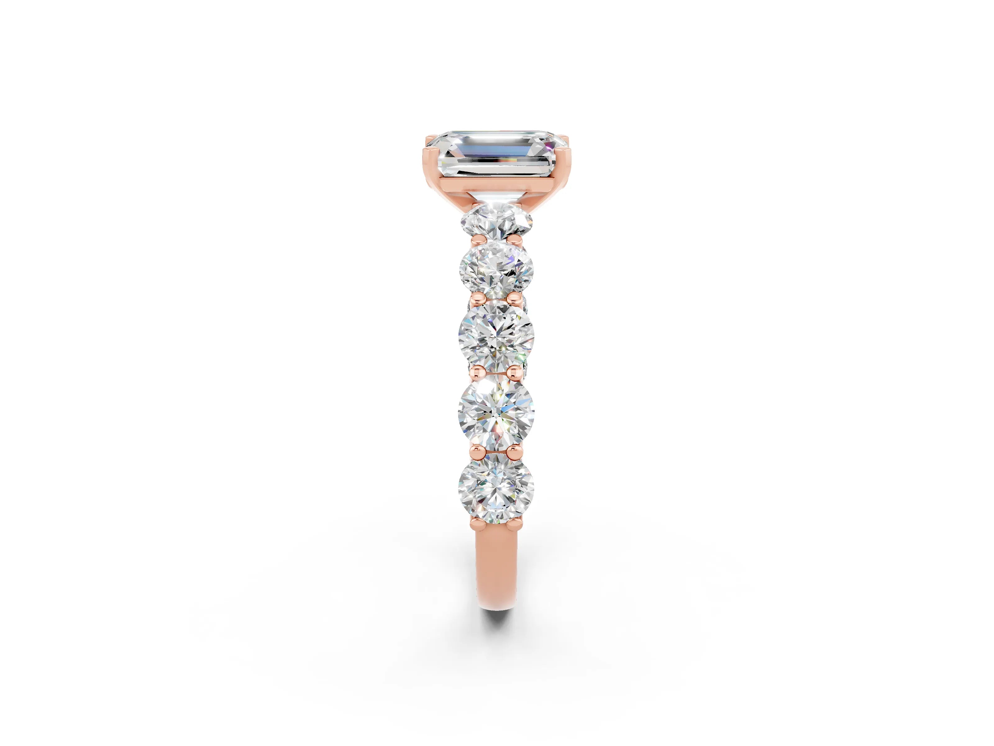 Rose gold Emerald Cut Moissanite Prong Setting with Side Stones on a Pave Band_2