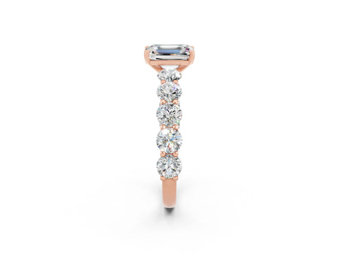 Rose gold Emerald Cut Moissanite Prong Setting with Side Stones on a Pave Band_2
