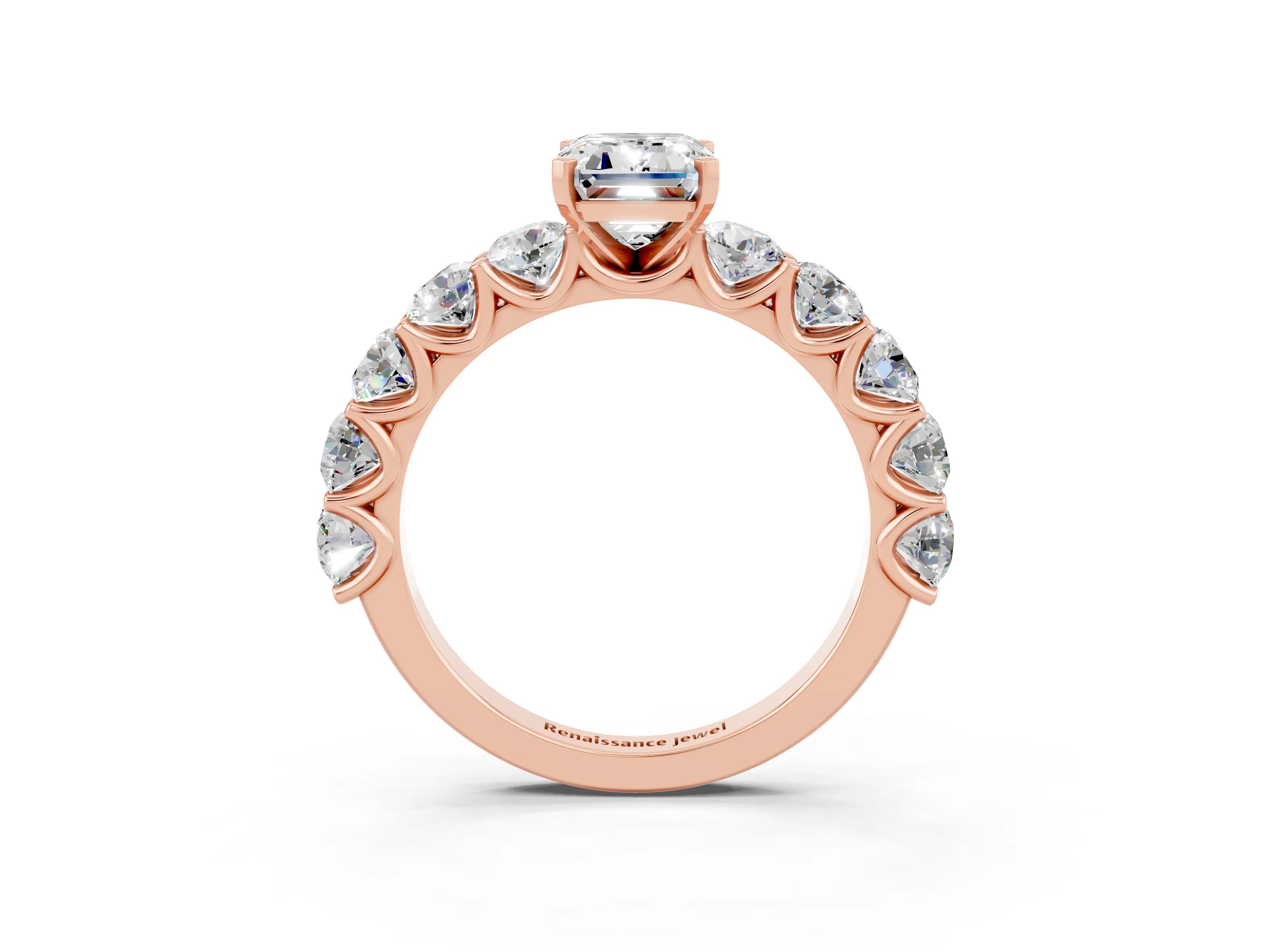 Rose gold Emerald Cut Moissanite Prong Setting with Side Stones on a Pave Band_3