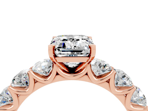 Rose gold Emerald Cut Moissanite Prong Setting with Side Stones on a Pave Band_4
