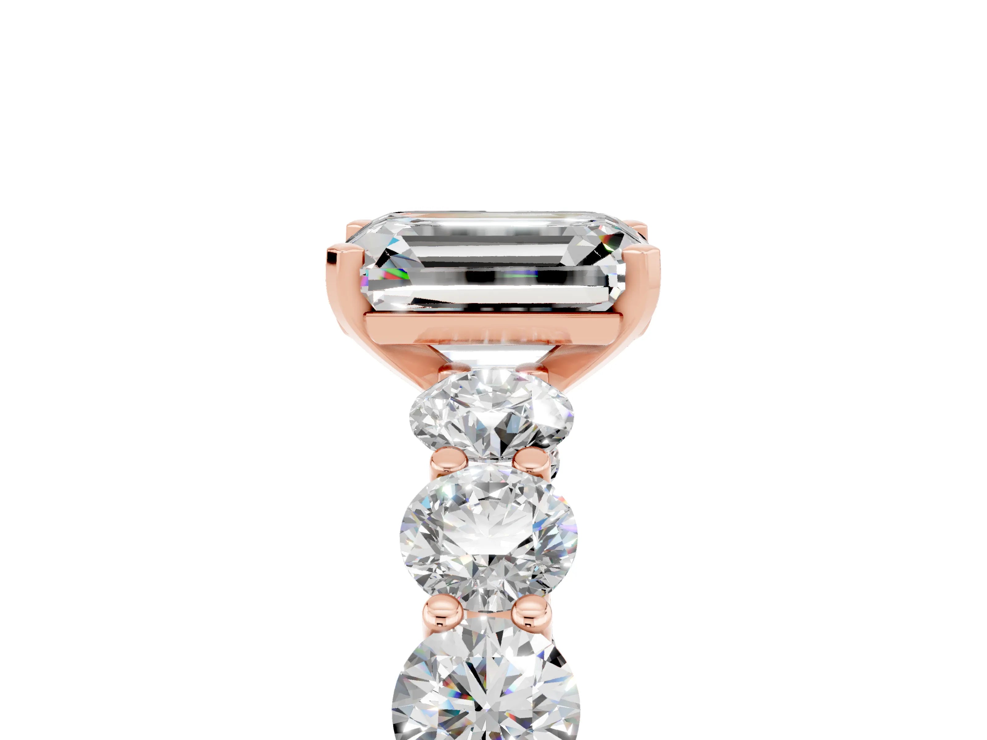 Rose gold Emerald Cut Moissanite Prong Setting with Side Stones on a Pave Band_5
