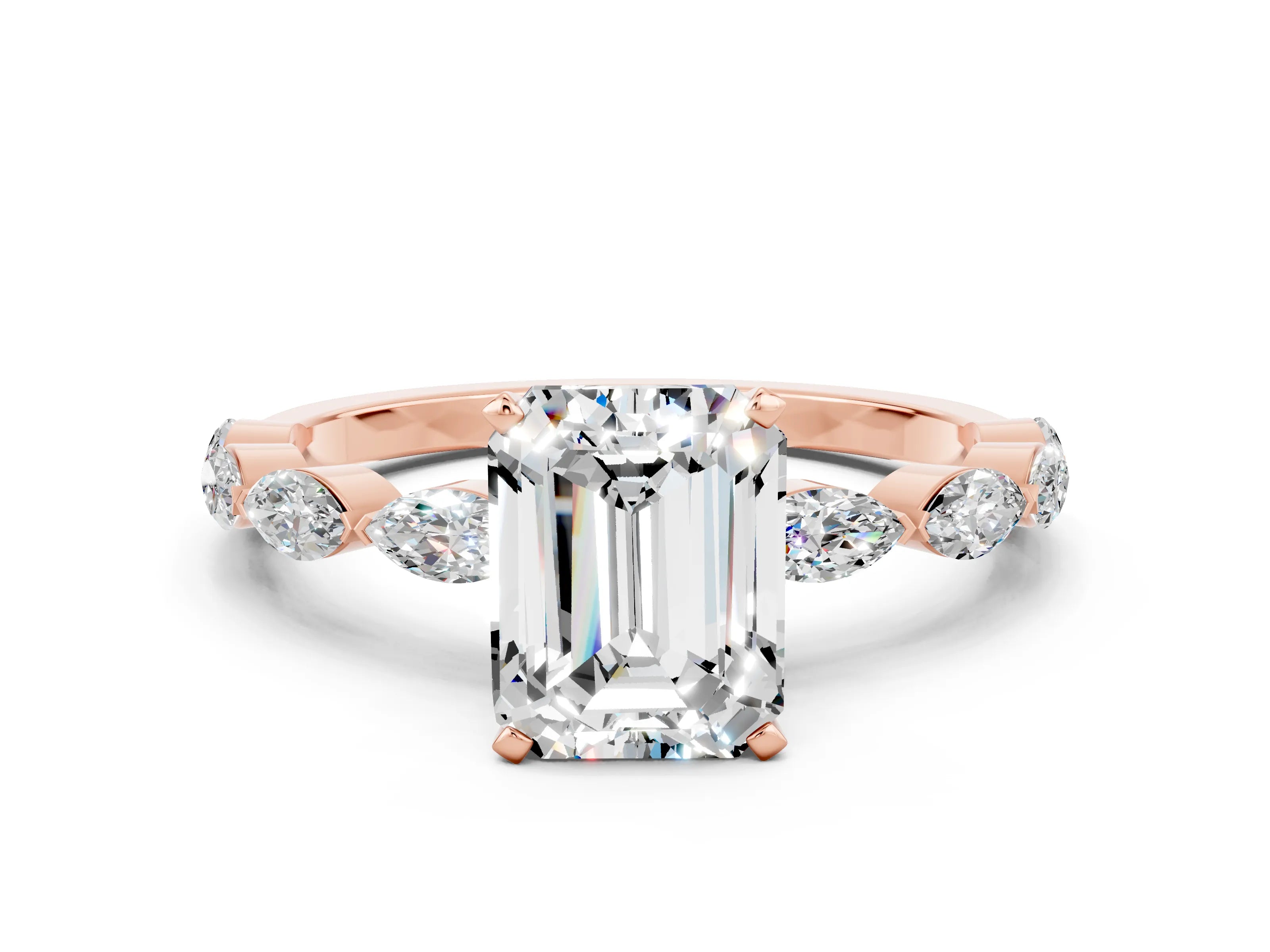 Rose gold Emerald Cut Moissanite Ring with Marquise Side Stones and Prong Setting