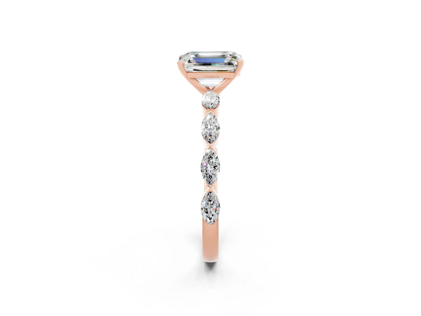 Rose gold Emerald Cut Moissanite Ring with Marquise Side Stones and Prong Setting