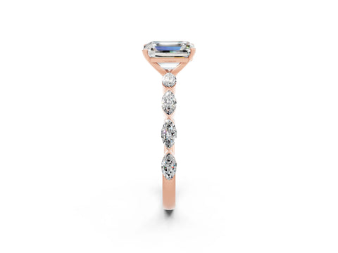 Rose gold Emerald Cut Moissanite Ring with Marquise Side Stones and Prong Setting_2