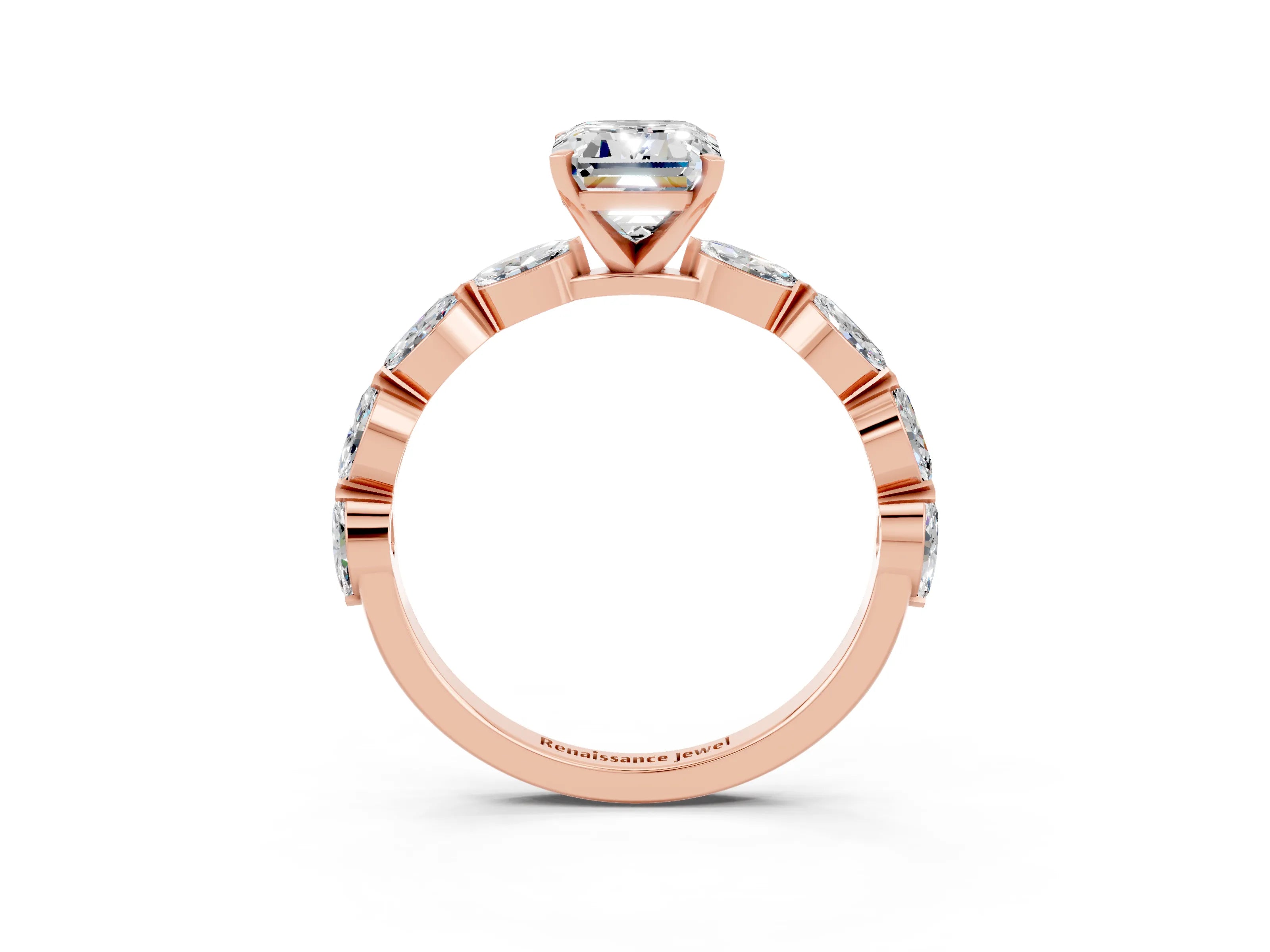 Rose gold Emerald Cut Moissanite Ring with Marquise Side Stones and Prong Setting_3