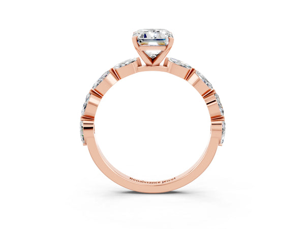 Rose gold Emerald Cut Moissanite Ring with Marquise Side Stones and Prong Setting