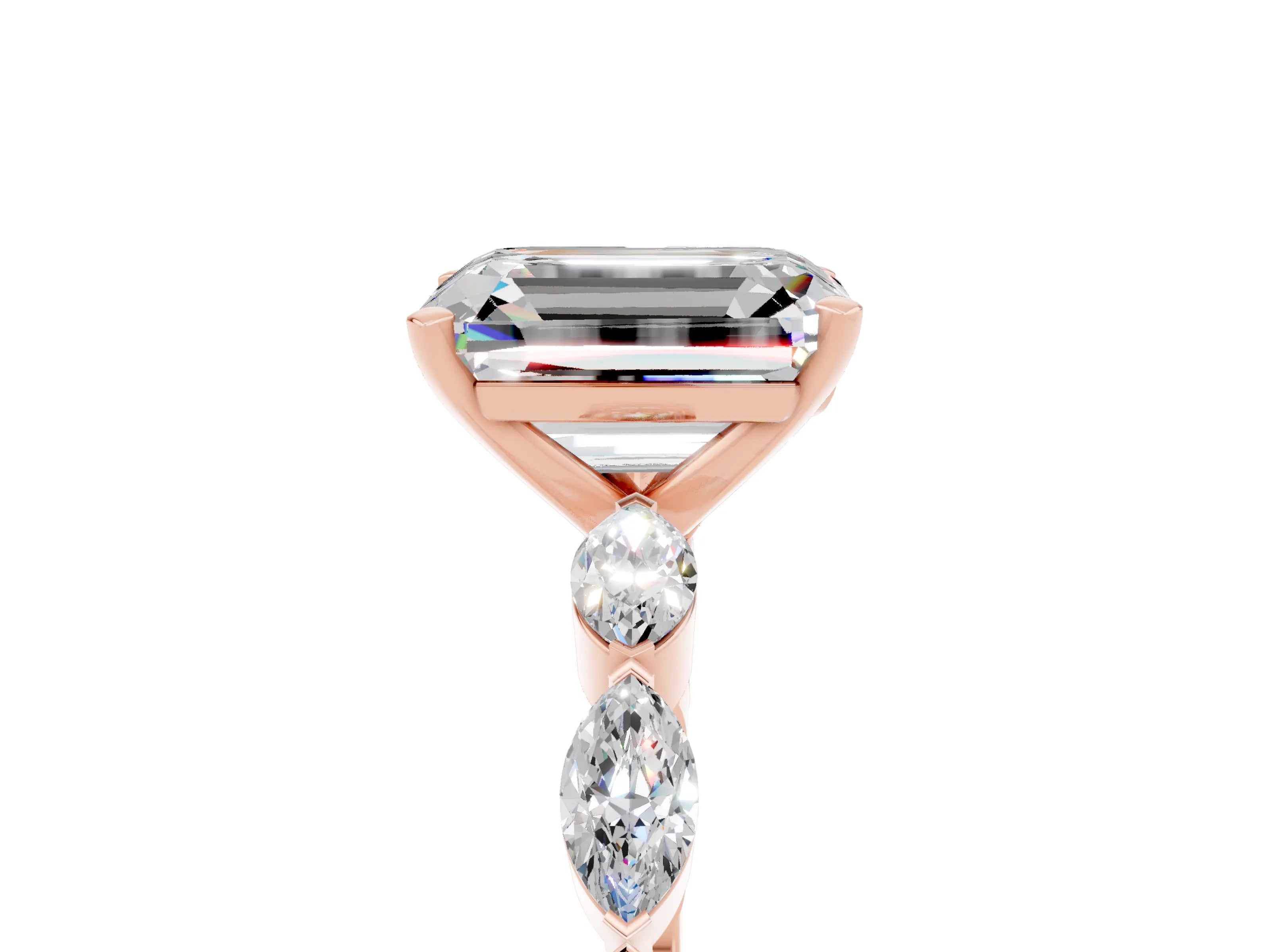 Rose gold Emerald Cut Moissanite Ring with Marquise Side Stones and Prong Setting_5