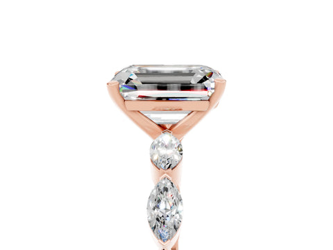 Rose gold Emerald Cut Moissanite Ring with Marquise Side Stones and Prong Setting_5